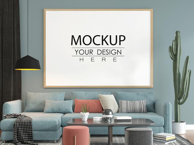 Poster Frame In Living Room Mockup Psd