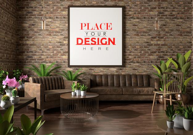 Poster Frame In Living Room Mockup Psd