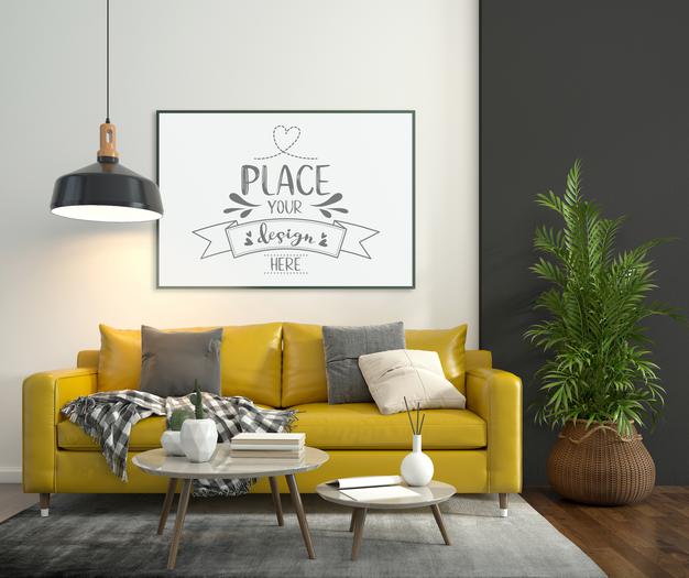 Poster Frame In Living Room Mockup Psd