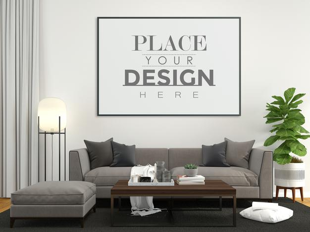 Poster Frame In Living Room Mockup Psd