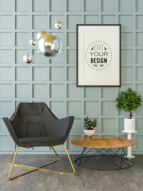 Poster Frame In Living Room Mockup Psd