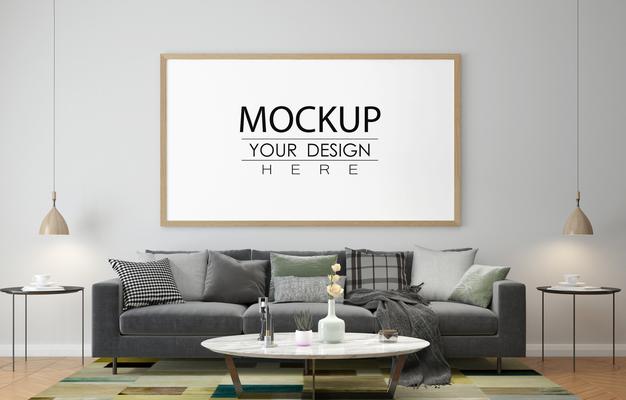 Poster Frame In Living Room Mockup Psd