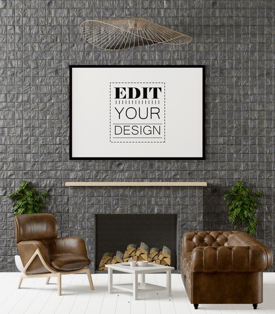 Poster Frame In Living Room Mockup Psd