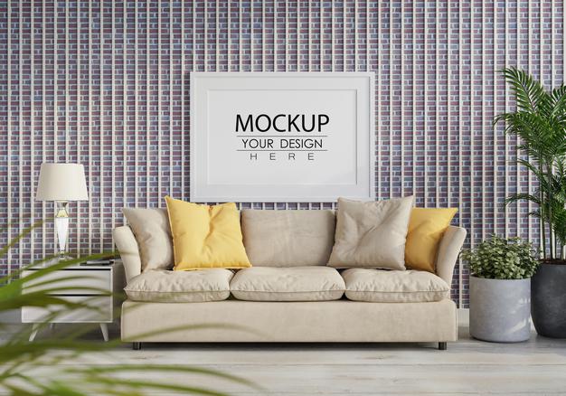 Poster Frame In Living Room Mockup Psd