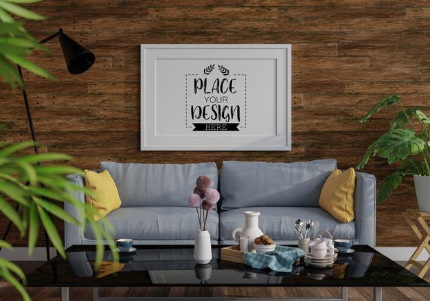 Poster Frame In Living Room Mockup Psd