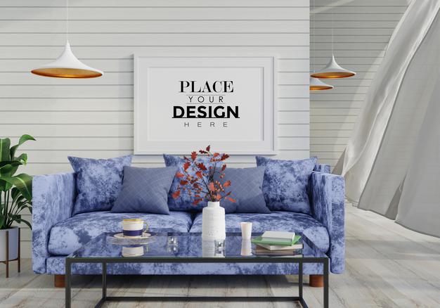 Poster Frame In Living Room Mockup Psd