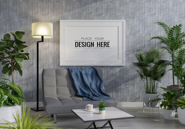 Poster Frame In Living Room Mockup Psd