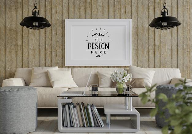 Poster Frame In Living Room Mockup Psd