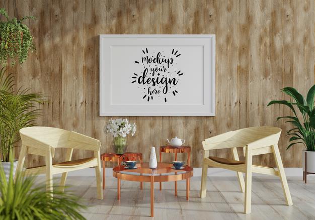 Poster Frame In Living Room Mockup Psd