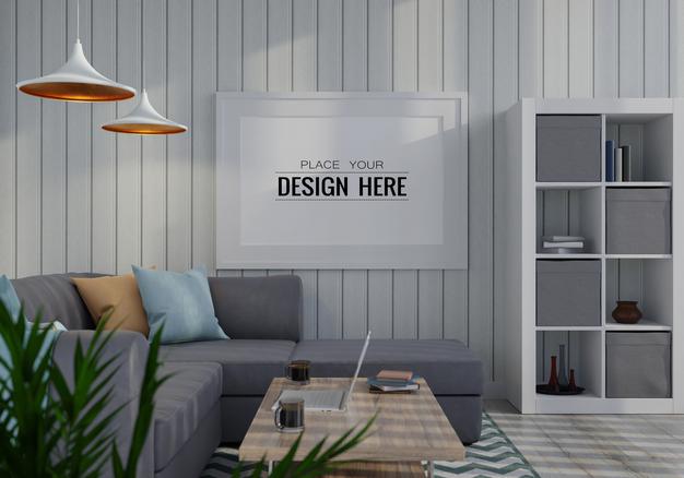 Poster Frame In Living Room Mockup Psd