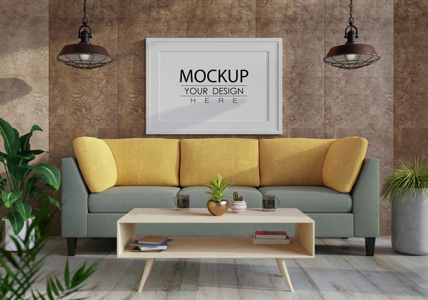 Poster Frame In Living Room Mockup Psd