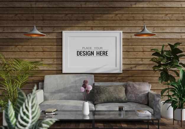 Poster Frame In Living Room Mockup Psd