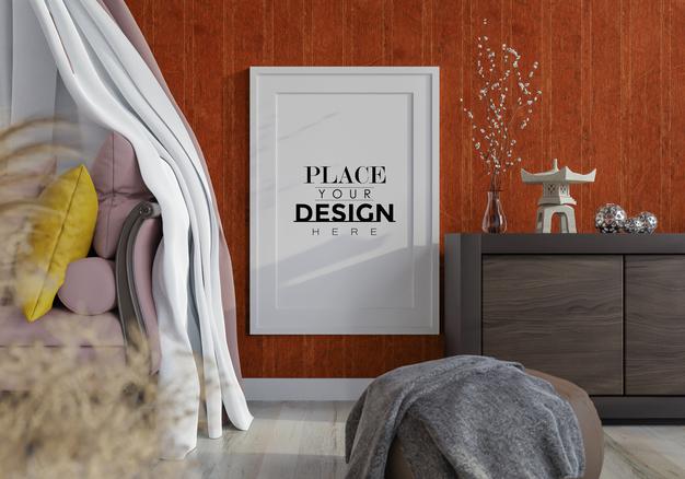 Poster Frame In Living Room Mockup Psd