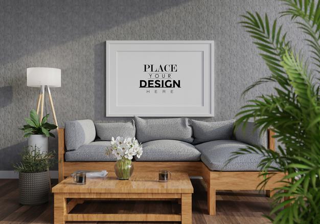 Poster Frame In Living Room Mockup Psd