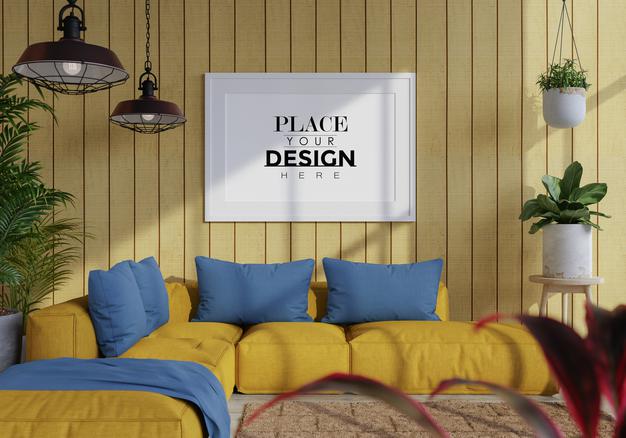 Poster Frame In Living Room Mockup Psd