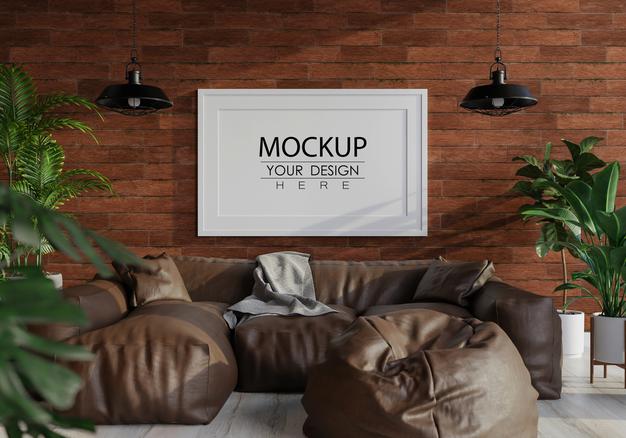 Poster Frame In Living Room Mockup Psd