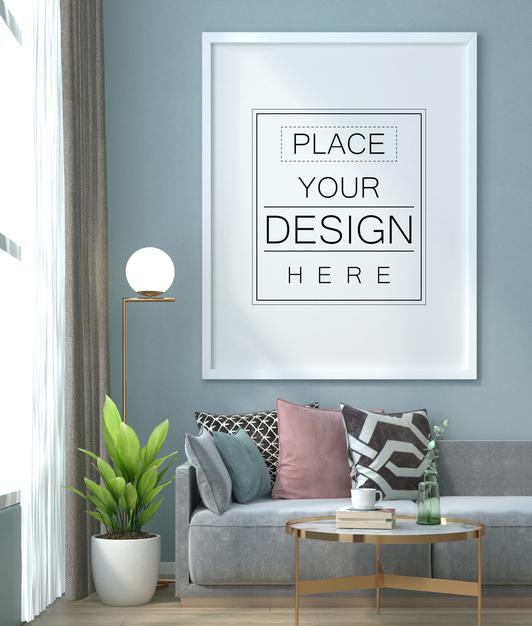 Poster Frame In Living Room Mockup Psd