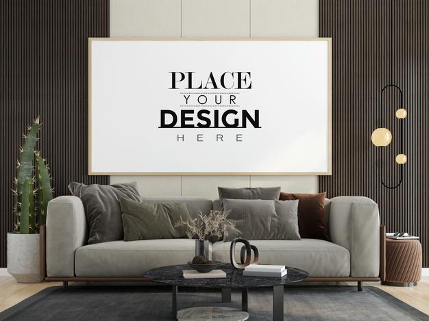 Poster Frame In Living Room Mockup Psd