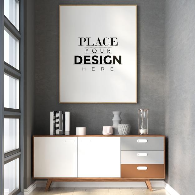 Poster Frame In Living Room Mockup Psd