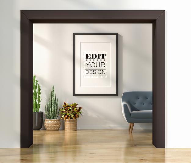 Poster Frame In Living Room Mockup Psd