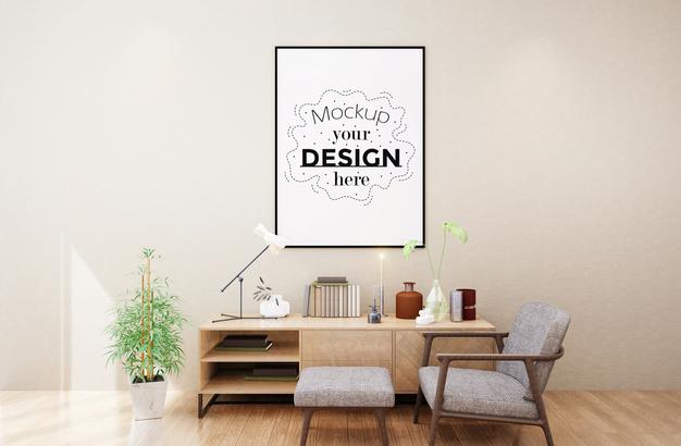 Poster Frame In Living Room Mockup Psd