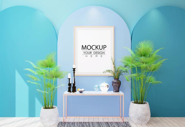 Poster Frame In Living Room Mockup Psd