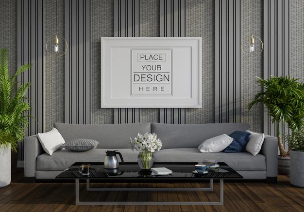 Poster Frame In Living Room Psd Mockup Psd
