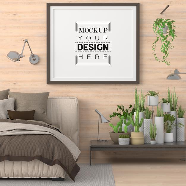 Poster Frame Mockup In A Bedroom Psd