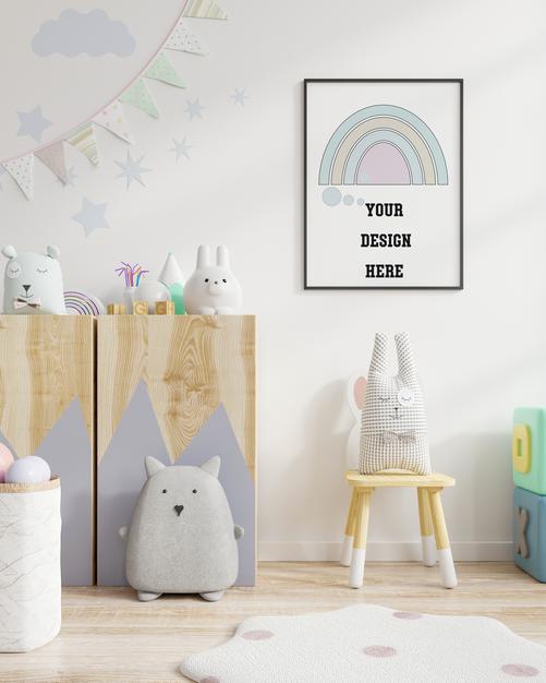 Poster Frame Mockup In Children Room. 3D Rendering Psd
