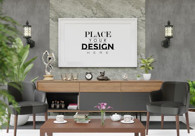 Poster Frame Mockup In Living Room Psd