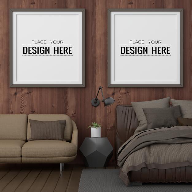 Poster Frame Mockup Interior In A Bedroom Psd