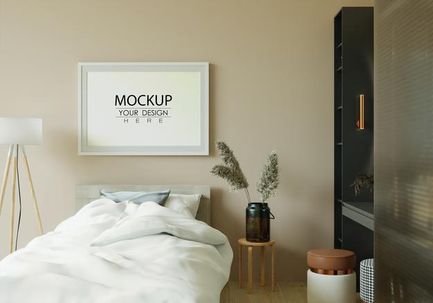 Poster Frame Mockup Interior In A Bedroom Psd