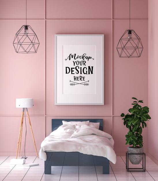 Poster Frame Mockup Interior In A Bedroom Psd