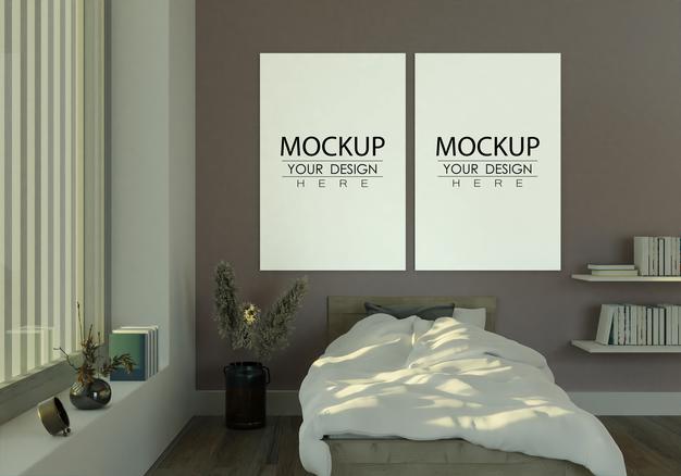 Poster Frame Mockup Interior In A Bedroom Psd