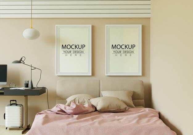 Poster Frame Mockup Interior In A Bedroom Psd