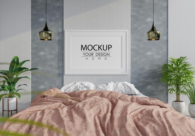 Poster Frame Mockup Interior In A Bedroom Psd