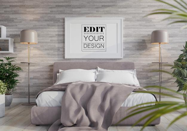 Poster Frame Mockup Interior In A Bedroom Psd