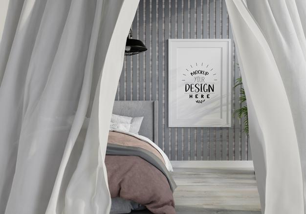 Poster Frame Mockup Interior In A Bedroom Psd