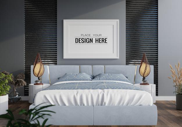 Poster Frame Mockup Interior In A Bedroom Psd