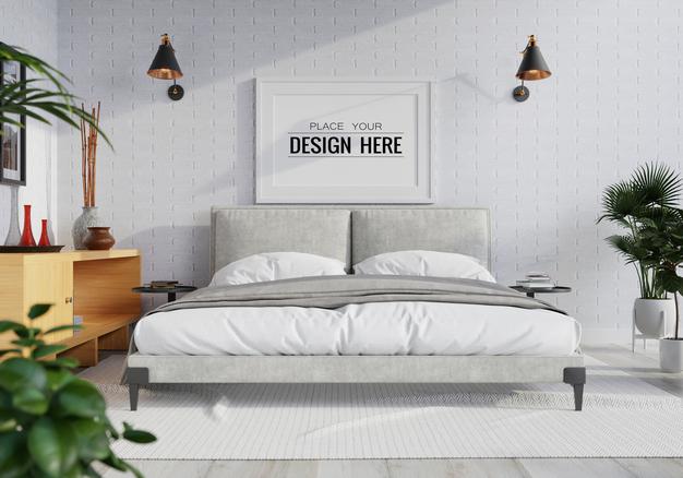 Poster Frame Mockup Interior In A Bedroom Psd