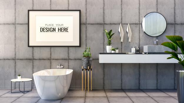 Poster Frame Mockup On Bathroom Interior Psd