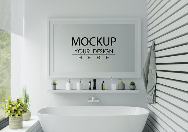 Poster Frame Mockup On Bathroom Interior Psd