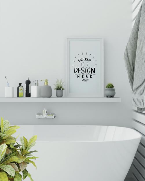Poster Frame Mockup On Bathroom Interior Psd