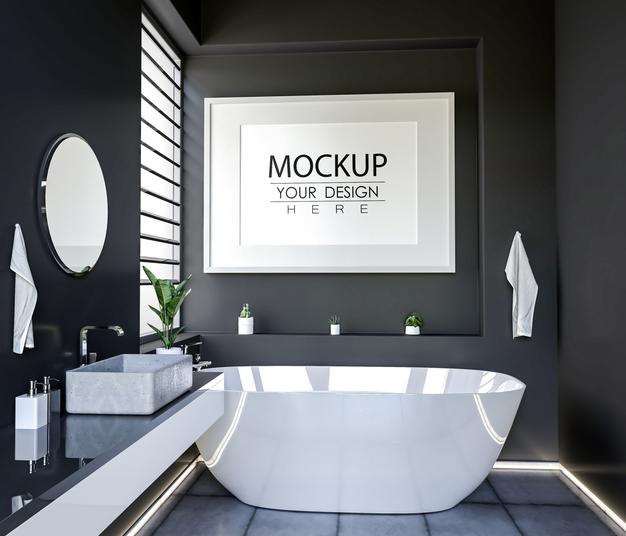 Poster Frame Mockup On Bathroom Interior Psd