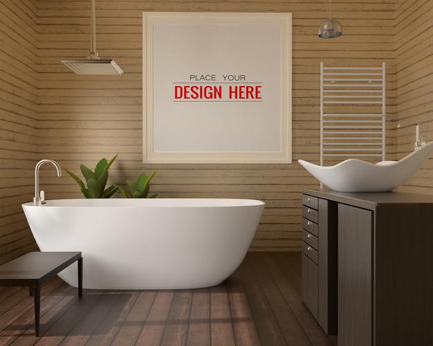 Poster Frame Mockup On Bathroom Interior Psd