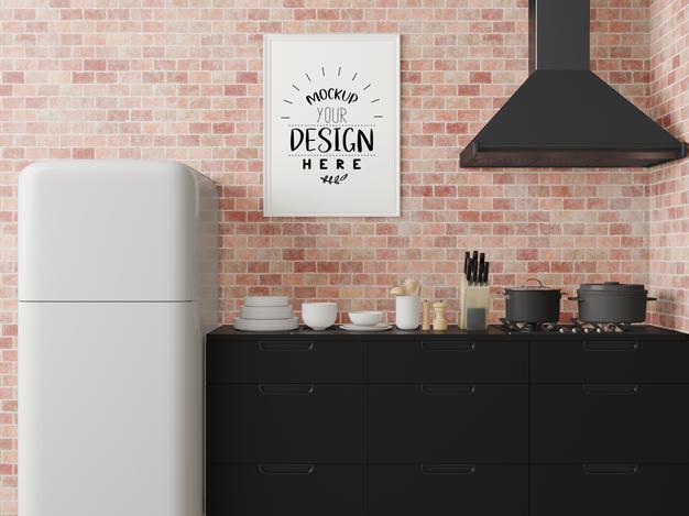 Poster Frame Mockup On Kitchen Room Interior Psd