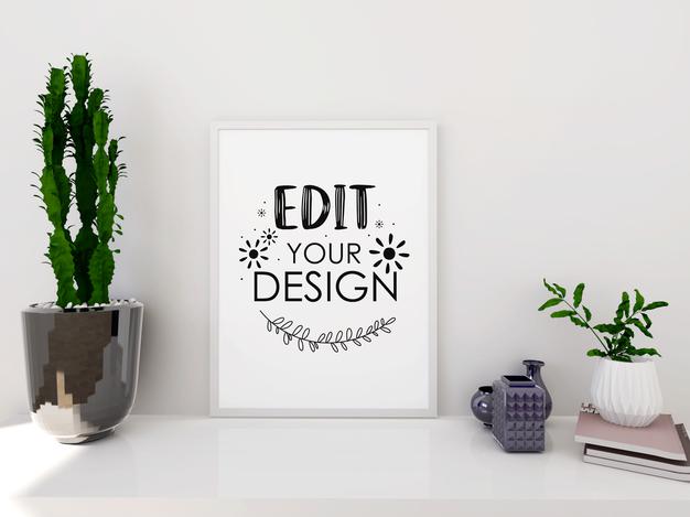 Poster Frame Mockup On The Wall With Plant Psd