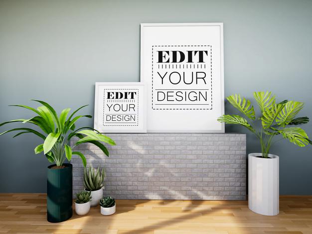 Poster Frame Mockup On The Wall With Plant Psd