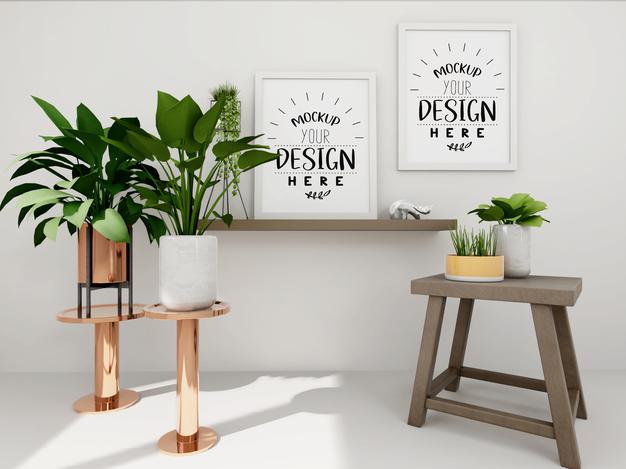 Poster Frame Mockup On The Wall With Plant Psd