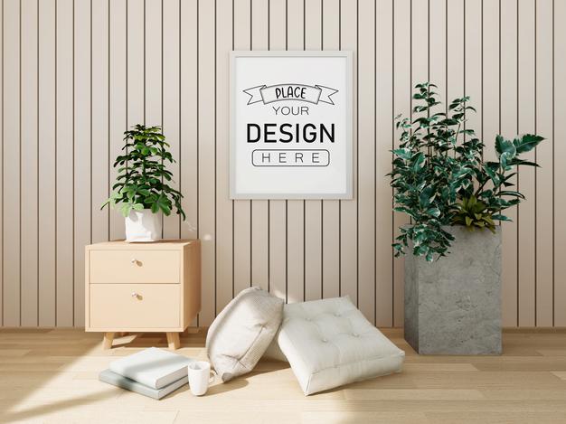 Poster Frame Mockup On The Wall With Plant Psd